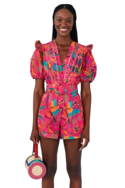 Farm Rio Macaw Party Romper -ELAN || Maaji Shop 306381 Apparel Romper Macaw Party Pink Front2
