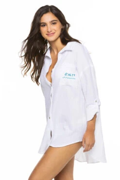 Good Vibes Embroidered Shirt Dress -ELAN || Maaji Shop GSG01 Apparel Top Wht Salty Front2