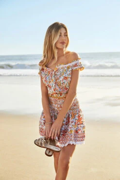 Alba Off Shoulder Crop Top -ELAN || Maaji Shop WA4S23D7AQO Apparel Top Orange Aquarelle Lifestyle